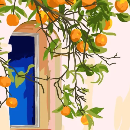 Illustration of an orange tree branch over an arched blue window on a peach wall