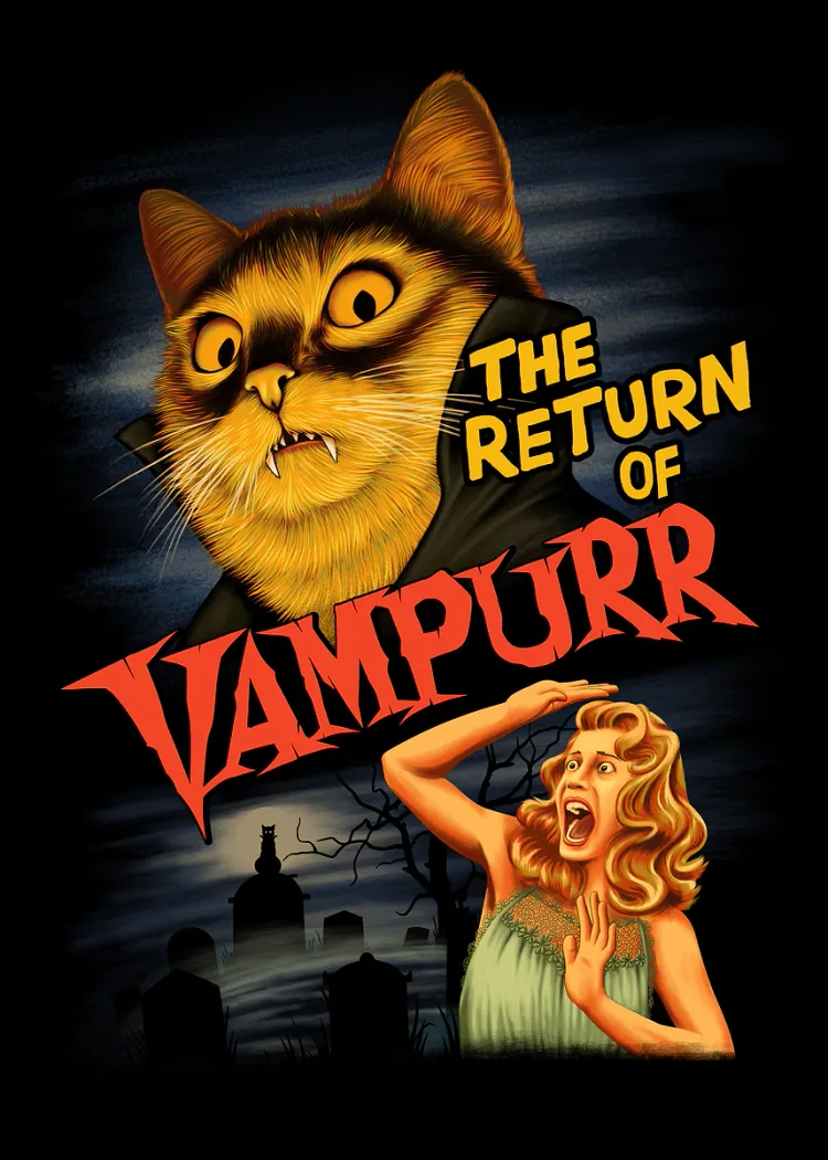 Return of Vampurr Vampire Cat Retro Horror Movie Poster Retro horror poster of a fanged vampire cat with the text The Return of Vampurr and a screaming woman