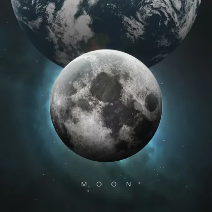 The Moon in front of Earth with a teal glow in dark space and the word Moon below