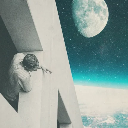 Man leaning on a white balcony looking at a large moon above the clouds