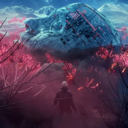 Helmeted explorer among pink alien plants facing a giant structure under a starry sky