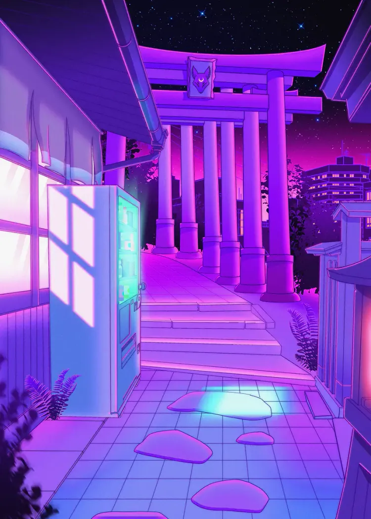 lumi-boards-art-13f9f100058bd856-1.webp LumiPoster — Japanese corridor with violet lights - Image 1