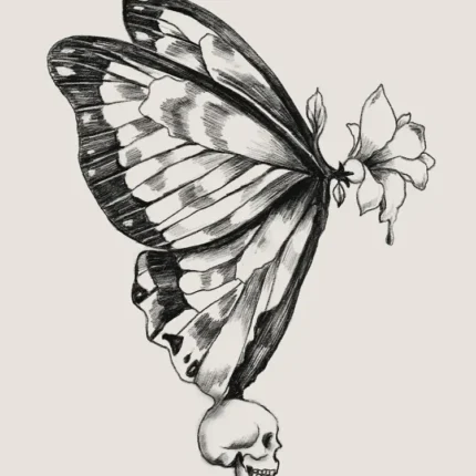 Pencil-drawn butterfly wing with a small skull at the bottom and a flower at the top on beige