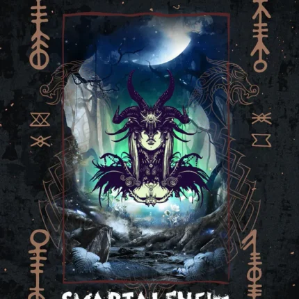 Norse poster of Svartalfheim with a horned dark elf in a blue forest framed by gold runes