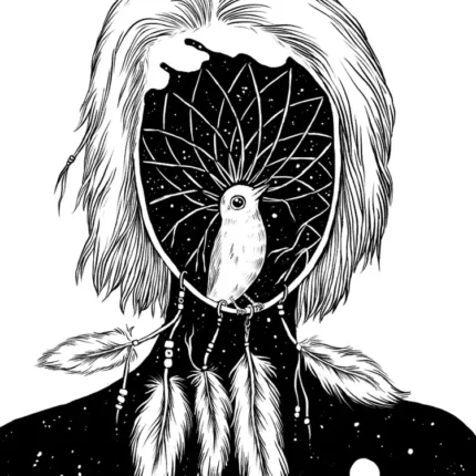 Woman with a dream catcher containing a small bird in place of her face and hanging feathers