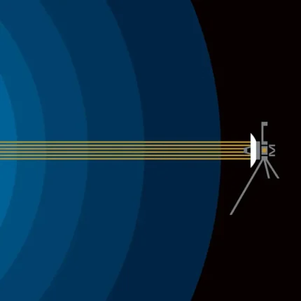 Minimalist poster of the Voyager 2 probe sending gold lines through concentric blue rings