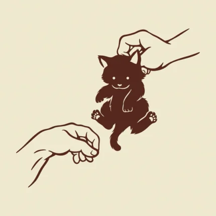 Brown kitten silhouette held by one hand with another hand reaching toward it