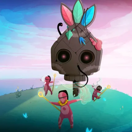 Giant feathered mask floating above a green hill with small pink spirit figures dancing