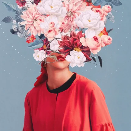 Person in a red jacket with their face covered by a bouquet of pink and white flowers
