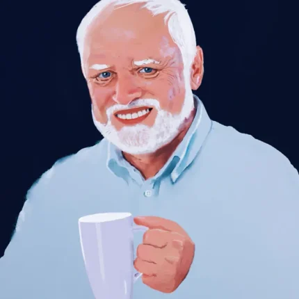 Smiling older man with white beard in a light blue sweater holding a white mug