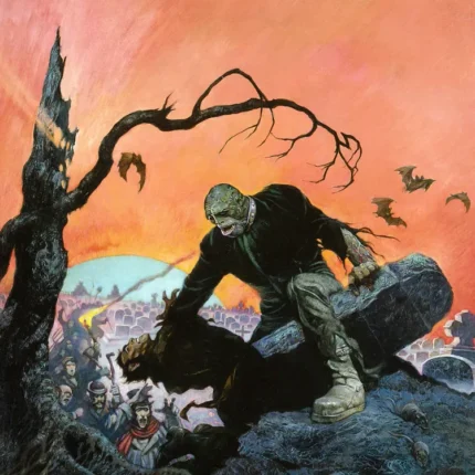 Green ghoul crouching on a tombstone beside a bare tree with bats in an orange sky