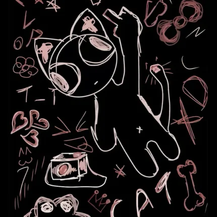 Cat line drawing with pink doodles, stars and hearts on a black background