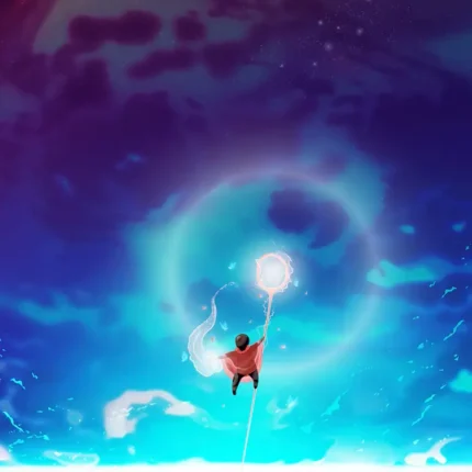 Figure in a red cape holding a glowing staff above a bright blue horizon under a purple starry sky