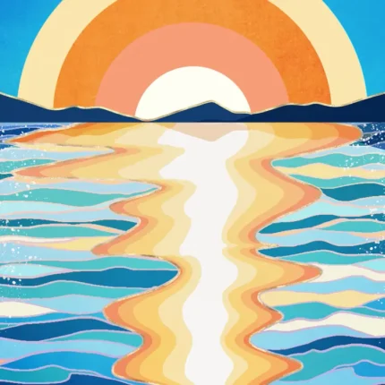 Orange sunrise rings over blue sea waves with golden reflection