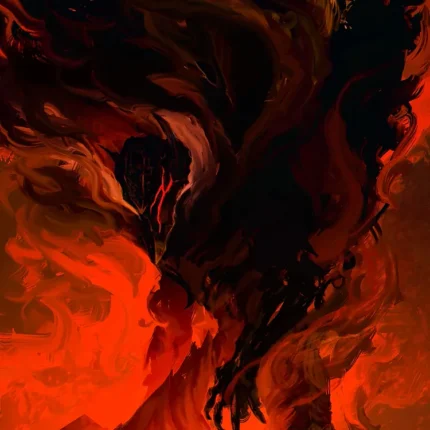 Dark clawed monster rising from swirling red and orange flames