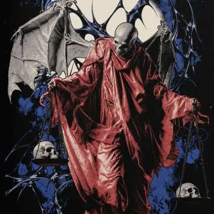 Bat-winged figure in a red robe before a full moon holding scales with skulls