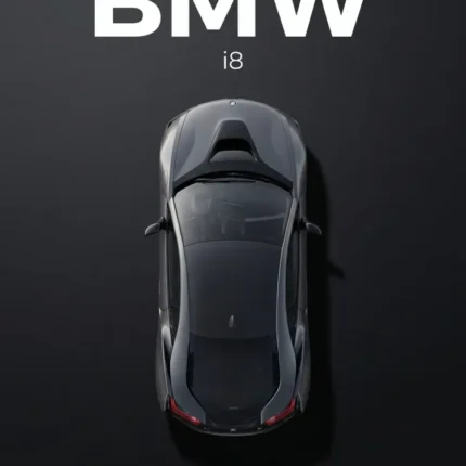 Top-down view of a BMW i8 sports car on a dark minimalist poster