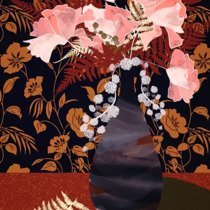 Dark vase with pink flowers and red ferns in front of black and orange floral wallpaper