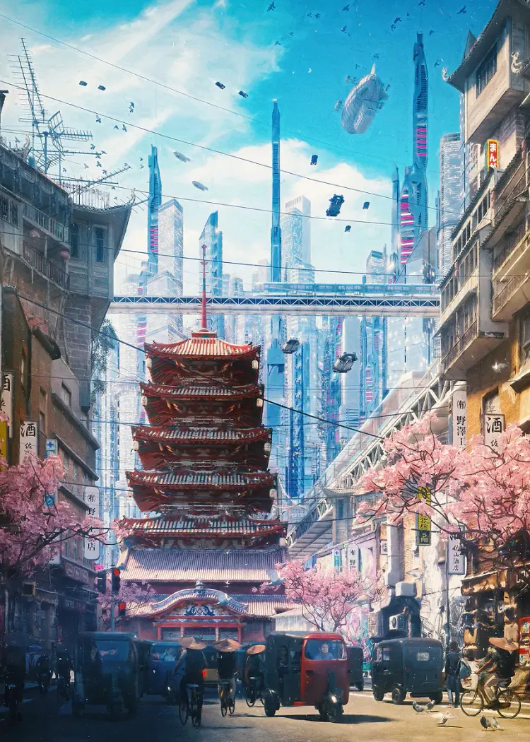 lumi-boards-art-2003174e753605e6-1.webp LumiPoster — Future city and cherry blossoms - Image 1