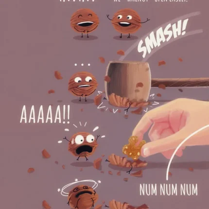 Comic strip of cartoon walnuts being smashed by a hammer and picked up by a hand