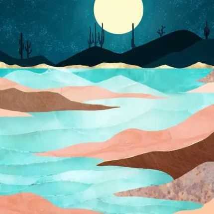 Pale full moon over a night desert with cactus silhouettes and turquoise and coral sand dunes