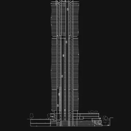 White line elevation drawing of a tall skyscraper tower on a black background