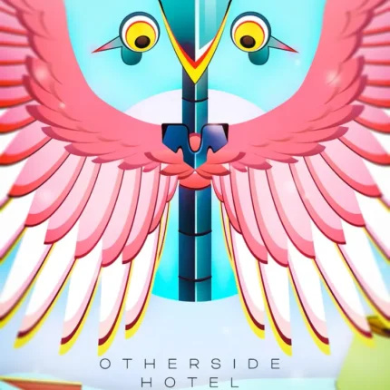 Geometric bird with spread pink wings and text Otherside Hotel