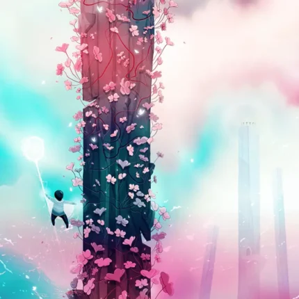 Tall dark pillar covered in pink flowers with a tiny glowing climber and pastel clouds