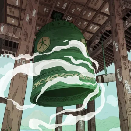 Large green bronze temple bell wrapped in white mist inside a wooden frame