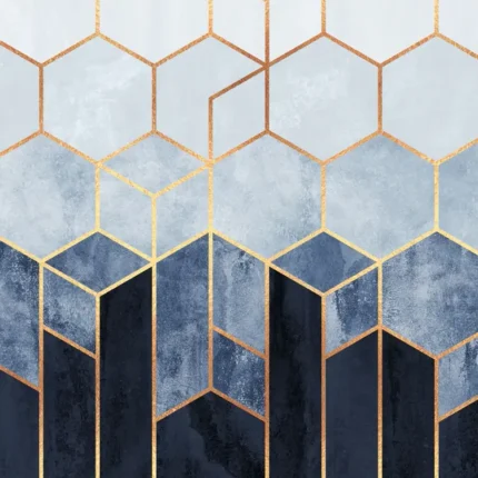 Abstract blue hexagon pattern with gold outlines fading into dark navy columns