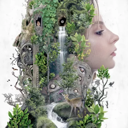 Woman's profile made of lush forest, waterfall and a small deer