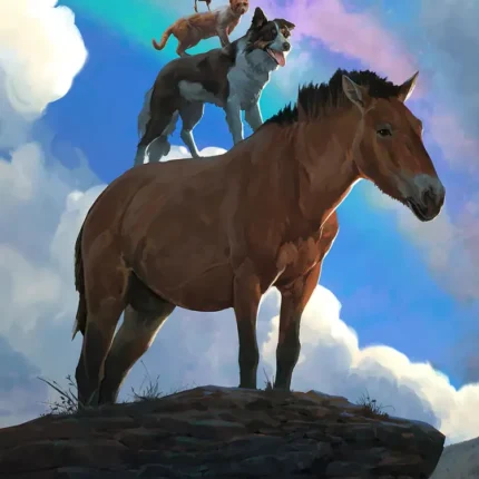 Horse, dog, cat and rooster stacked on a rocky ledge under a colorful sky