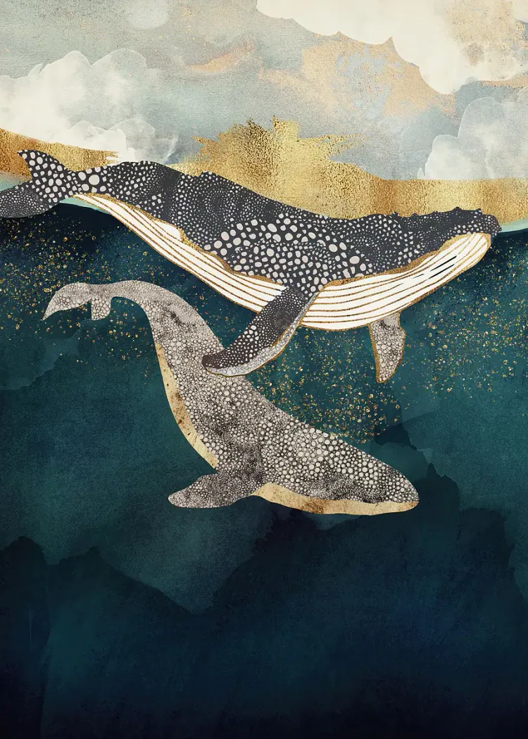 Two Whales Swimming in Teal Sea with Gold Horizon Art Two patterned whales swimming in deep teal water below a golden horizon and clouds