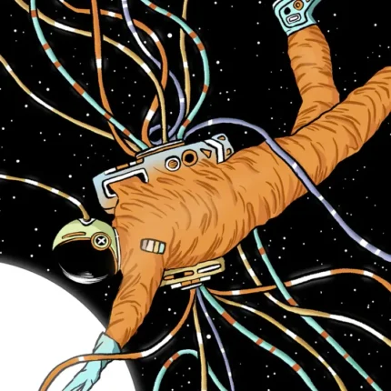 Orange-suited astronaut floating among many colorful cables against a black starry sky