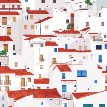 Illustration of stacked white houses with red tiled roofs, blue windows and palm trees