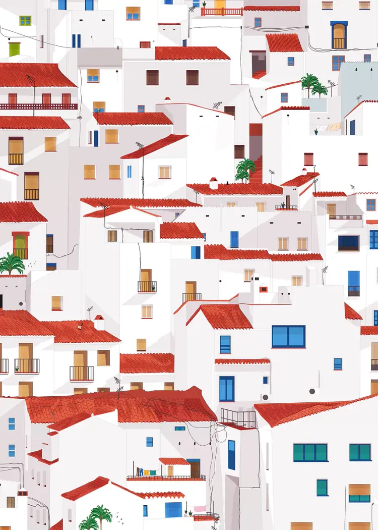 White Houses and Red Roofs Mediterranean Village Illustration Illustration of stacked white houses with red tiled roofs, blue windows and palm trees