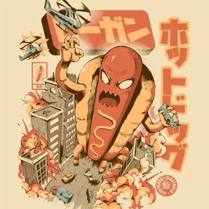 Giant angry hotdog monster towering over city buildings with helicopters and Japanese text