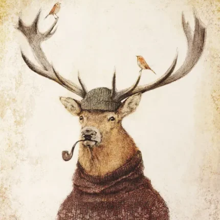 Stag in a patterned wool sweater and flat cap with a pipe and two birds on its antlers