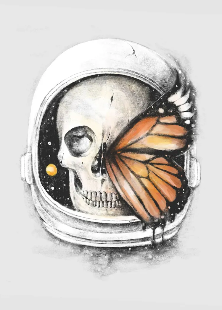 Astronaut Helmet with Skull and Monarch Butterfly Wing Art Poster Skull in an astronaut helmet with a monarch butterfly wing and stars behind