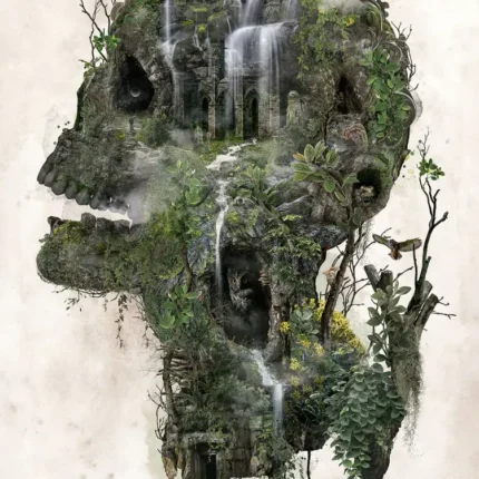 Skull-shaped mossy cliff with trees and waterfalls on a pale background