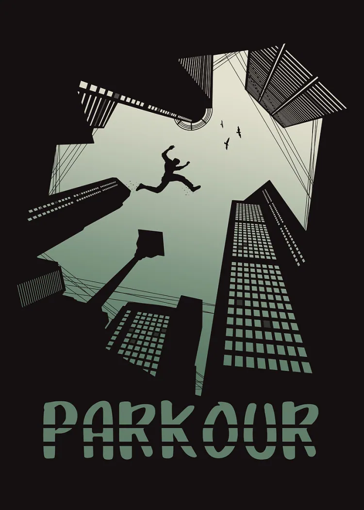 Parkour Jump Between City Skyscrapers Minimalist Poster Parkour runner leaping between dark skyscrapers with the word Parkour below