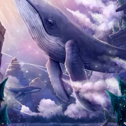 Giant whale flying among purple clouds above a lake with a small red boat