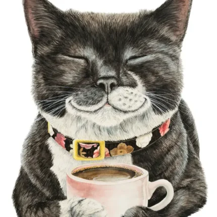 Black and white cat with a collar and closed eyes holding a pink cup of coffee