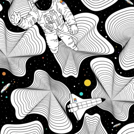 Astronaut and space shuttle floating among white concentric line waves in a black starry sky