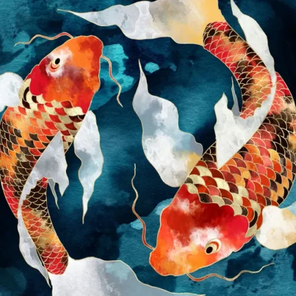 Two orange and red koi fish swimming in a circle in deep blue watercolor water