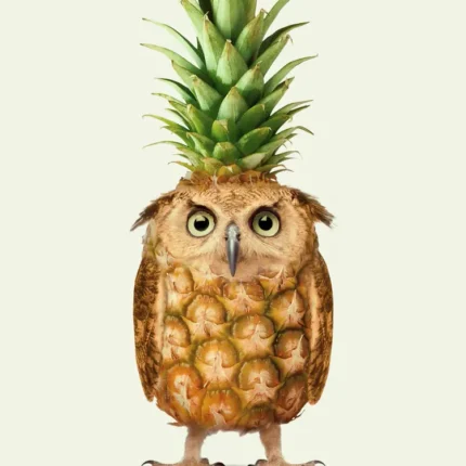 Owl with a pineapple body and green leaf crown on a cream background captioned Pineappowl