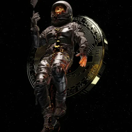 Astronaut floating in black space holding a crystal in front of a large golden coin