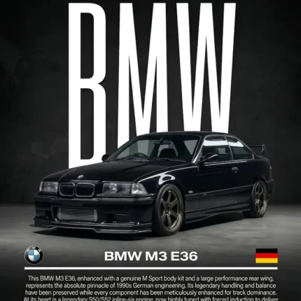 BMW M3 E36 M Sport car poster with large BMW lettering and specs table