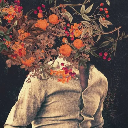 Person in a beige shirt with a bouquet of orange flowers and red berries instead of a head