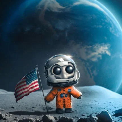 Small astronaut in an orange suit beside a flag on the moon with Earth behind
